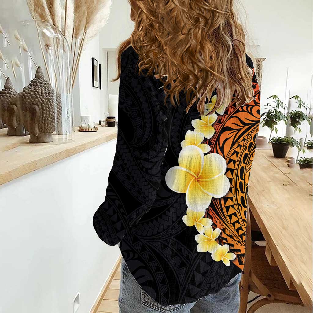 Hawaiian Tropical Plumeria Art Polynesian Tattoo Women Casual Shirt Black and Autumn Color Theme