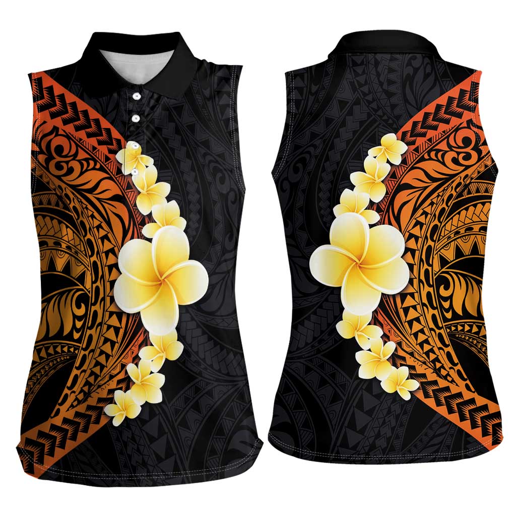 Hawaiian Tropical Plumeria Art Polynesian Tattoo Women Sleeveless Polo Shirt Black and Autumn Color Theme