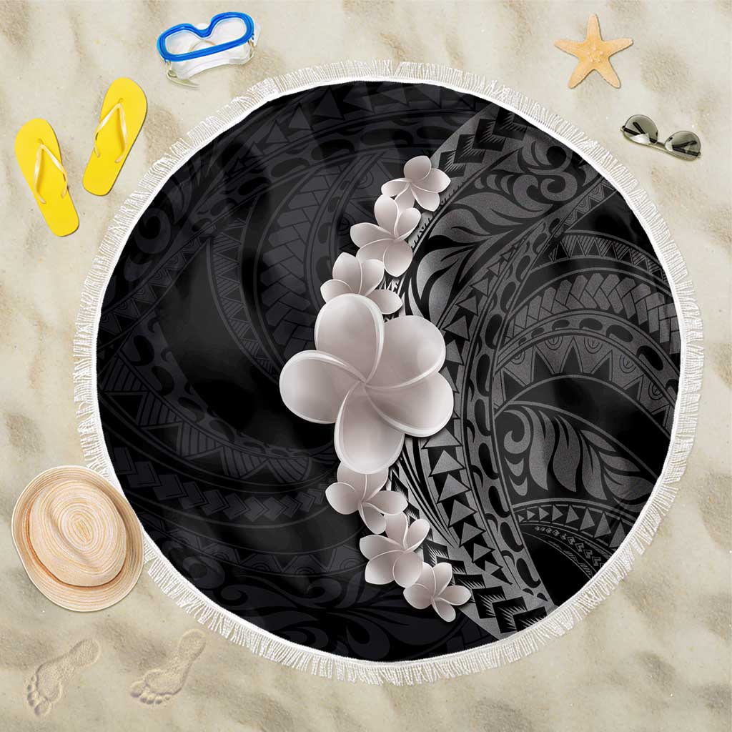 Hawaiian Tropical Plumeria Art Polynesian Tattoo Beach Blanket Grayscale Color LT03 One Size 150cm Black - Polynesian Pride