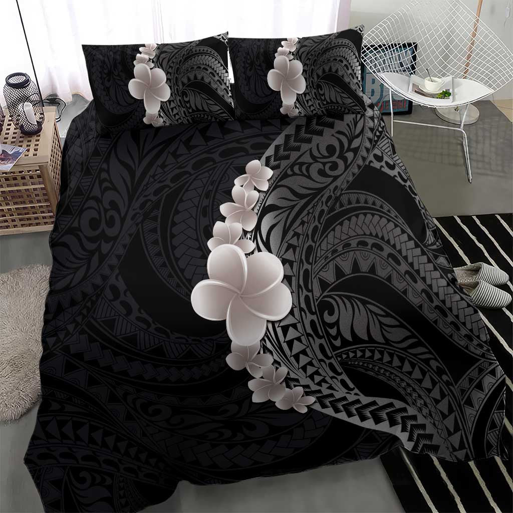 Hawaiian Tropical Plumeria Art Polynesian Tattoo Bedding Set Grayscale Color