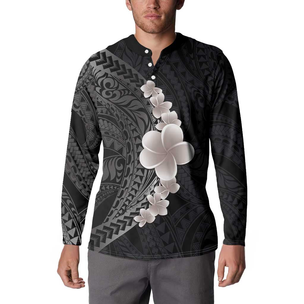 Hawaiian Tropical Plumeria Art Polynesian Tattoo Button Sweatshirt Grayscale Color LT03 - Polynesian Pride