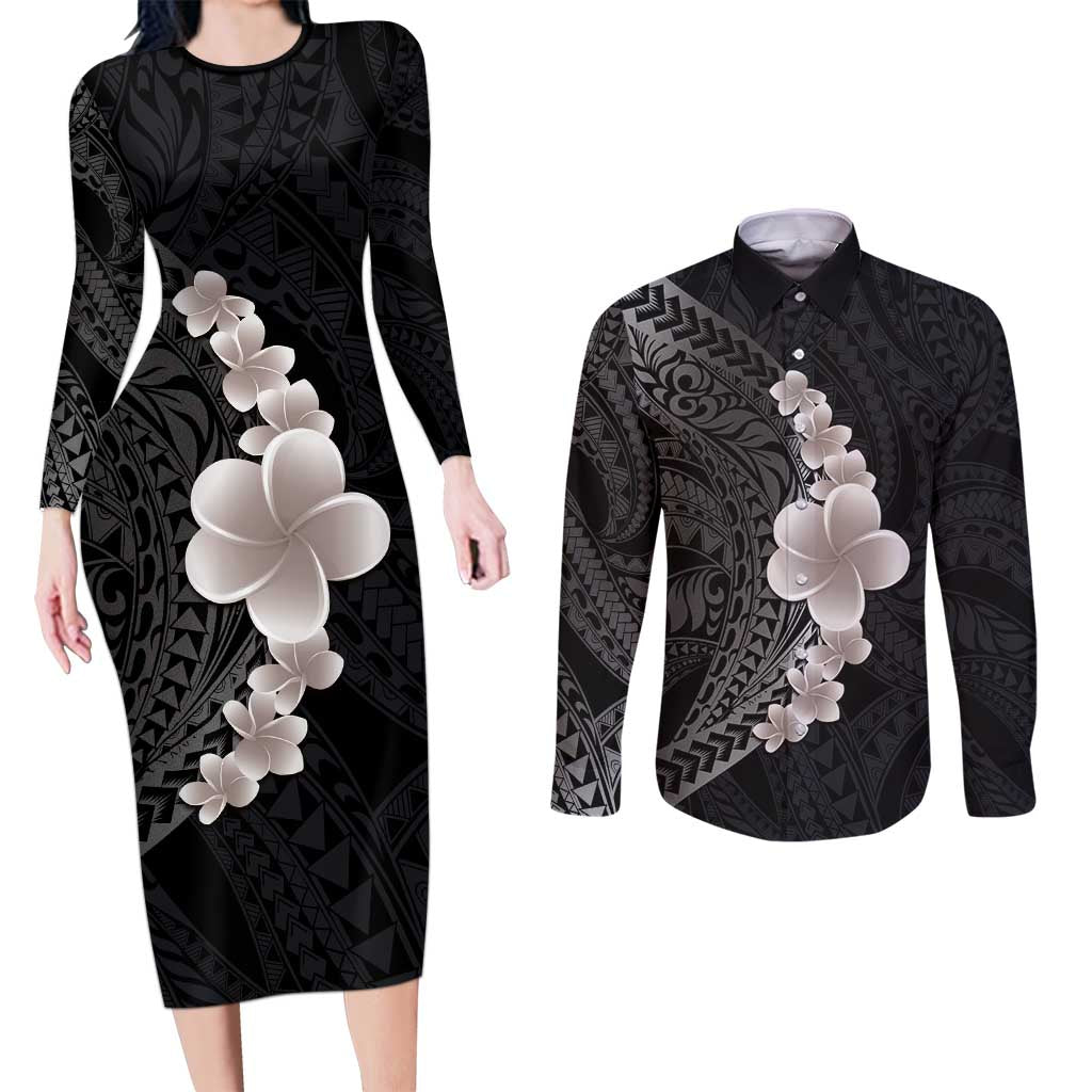 Hawaiian Tropical Plumeria Art Polynesian Tattoo Couples Matching Long Sleeve Bodycon Dress and Long Sleeve Button Shirt Grayscale Color