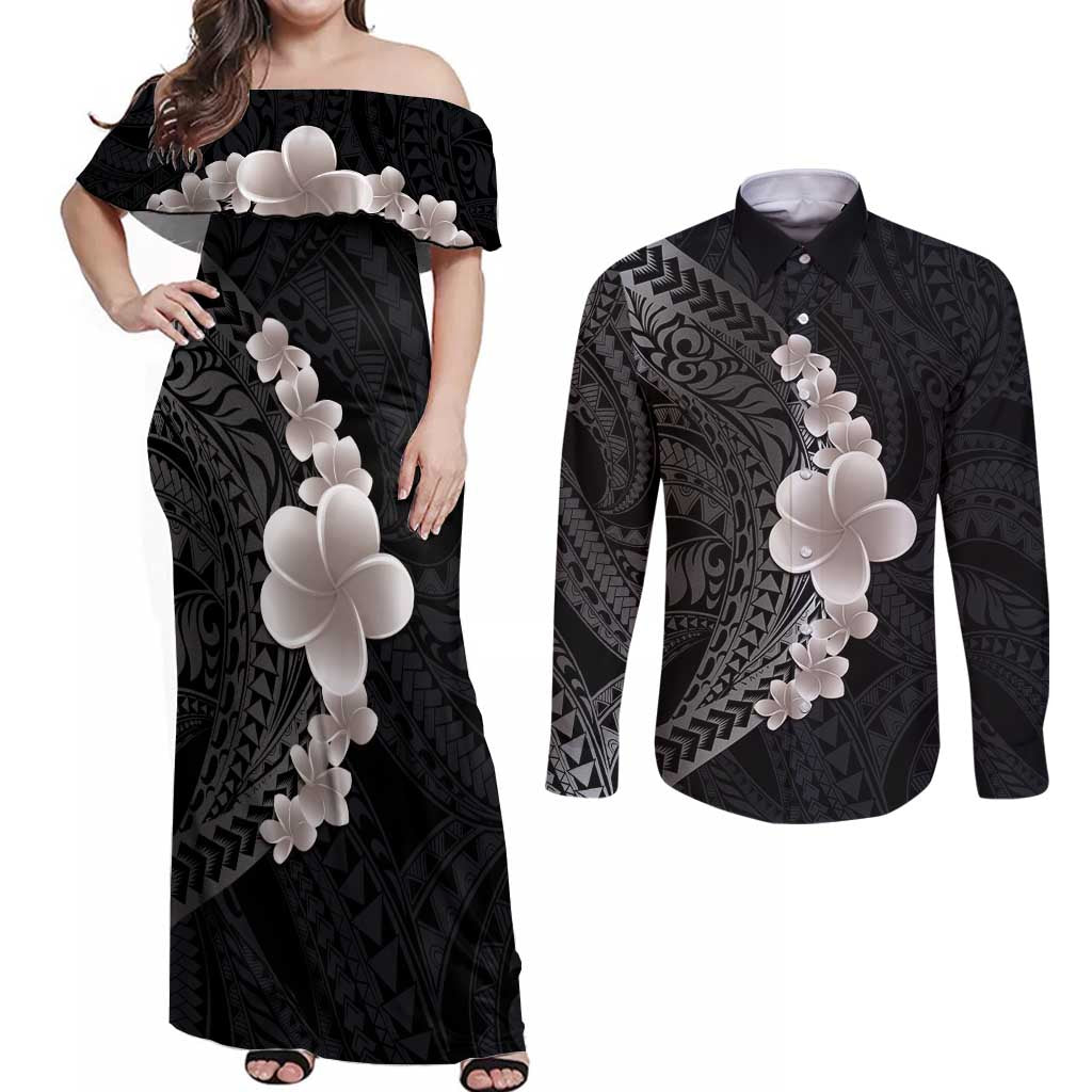 Hawaiian Tropical Plumeria Art Polynesian Tattoo Couples Matching Off Shoulder Maxi Dress and Long Sleeve Button Shirt Grayscale Color