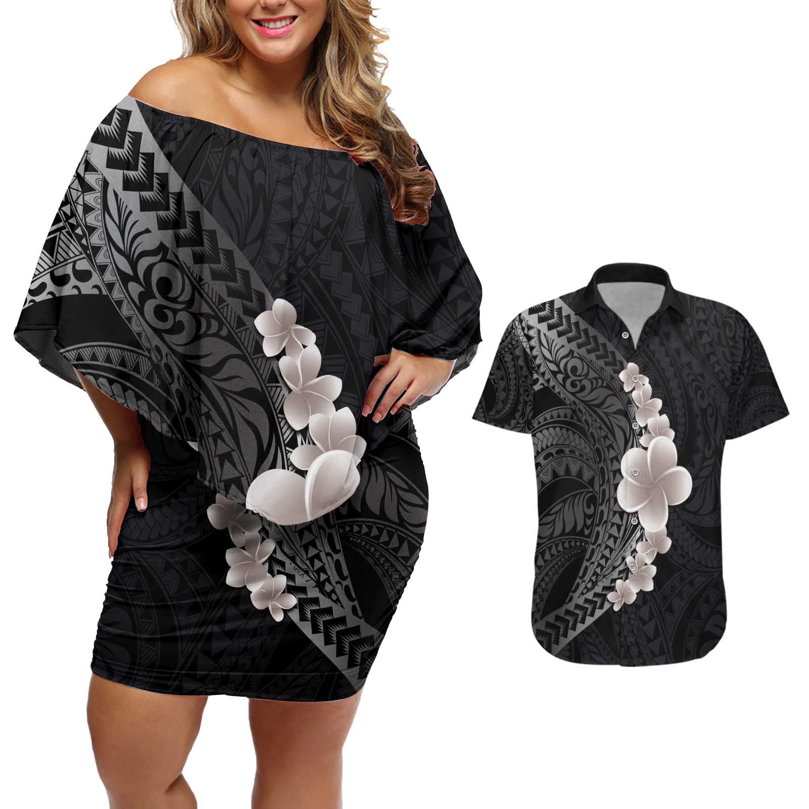 Hawaiian Tropical Plumeria Art Polynesian Tattoo Couples Matching Off Shoulder Short Dress and Hawaiian Shirt Grayscale Color