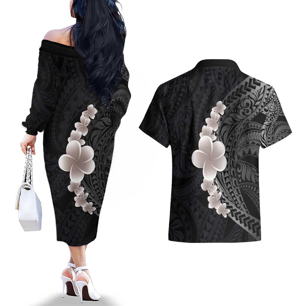 Hawaiian Tropical Plumeria Art Polynesian Tattoo Couples Matching Off The Shoulder Long Sleeve Dress and Hawaiian Shirt Grayscale Color