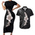 Hawaiian Tropical Plumeria Art Polynesian Tattoo Couples Matching Short Sleeve Bodycon Dress and Hawaiian Shirt Grayscale Color