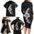 Hawaiian Tropical Plumeria Art Polynesian Tattoo Family Matching Long Sleeve Bodycon Dress and Hawaiian Shirt Grayscale Color