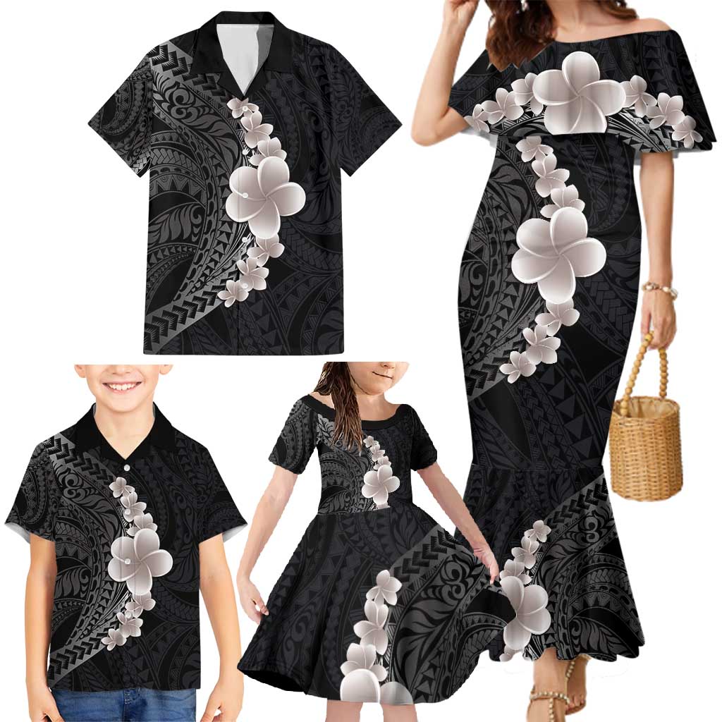 Hawaiian Tropical Plumeria Art Polynesian Tattoo Family Matching Mermaid Dress and Hawaiian Shirt Grayscale Color