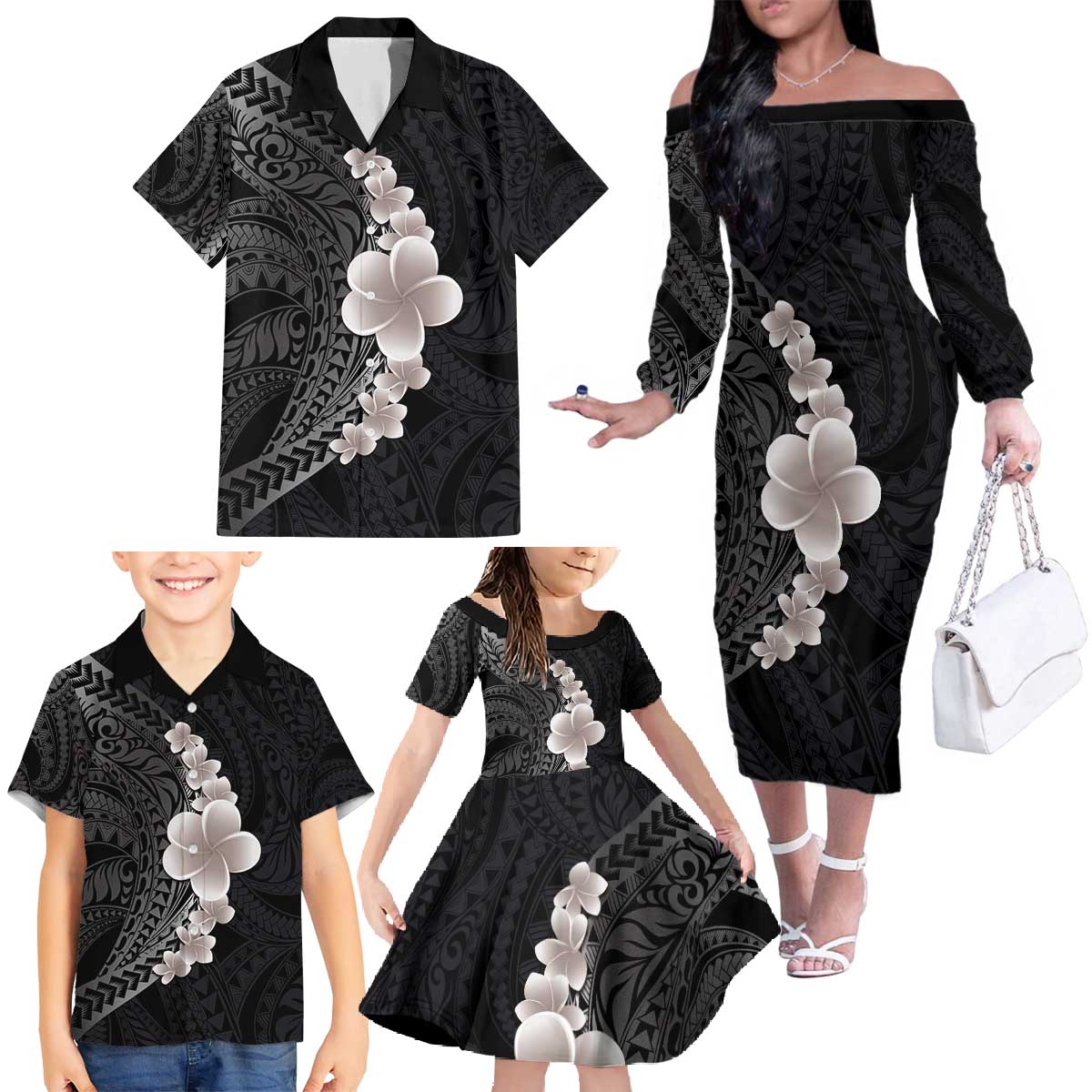 Hawaiian Tropical Plumeria Art Polynesian Tattoo Family Matching Off The Shoulder Long Sleeve Dress and Hawaiian Shirt Grayscale Color