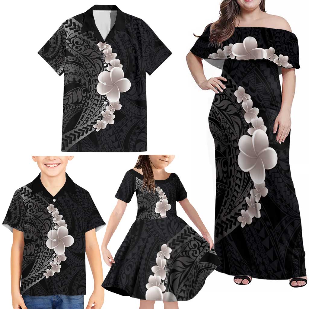 Hawaiian Tropical Plumeria Art Polynesian Tattoo Family Matching Off Shoulder Maxi Dress and Hawaiian Shirt Grayscale Color