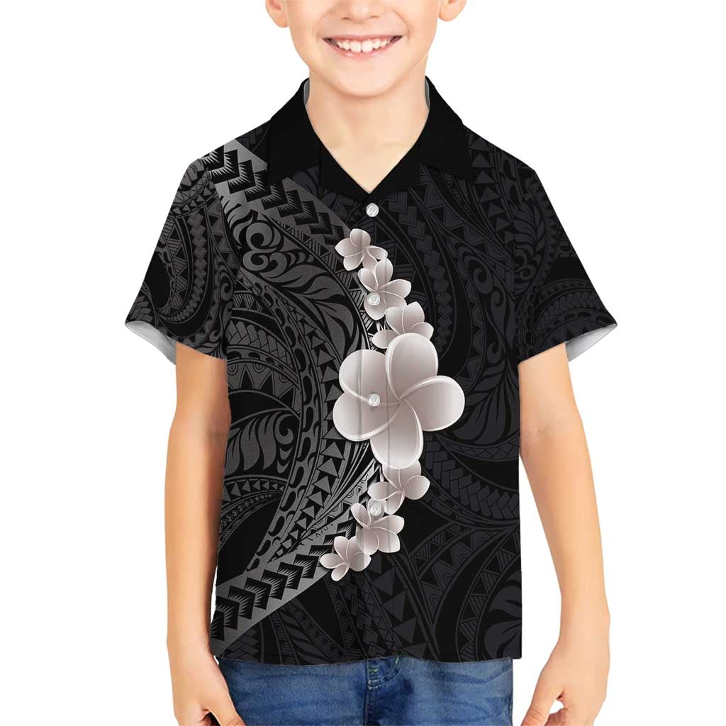 Hawaiian Tropical Plumeria Art Polynesian Tattoo Family Matching Off Shoulder Maxi Dress and Hawaiian Shirt Grayscale Color LT03 Son's Shirt Black - Polynesian Pride