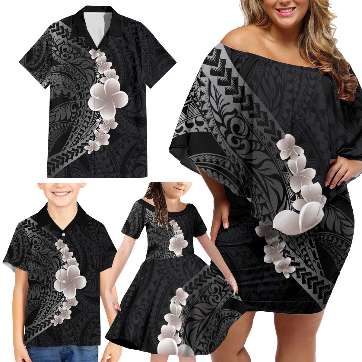 Hawaiian Tropical Plumeria Art Polynesian Tattoo Family Matching Off Shoulder Short Dress and Hawaiian Shirt Grayscale Color