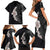 Hawaiian Tropical Plumeria Art Polynesian Tattoo Family Matching Short Sleeve Bodycon Dress and Hawaiian Shirt Grayscale Color