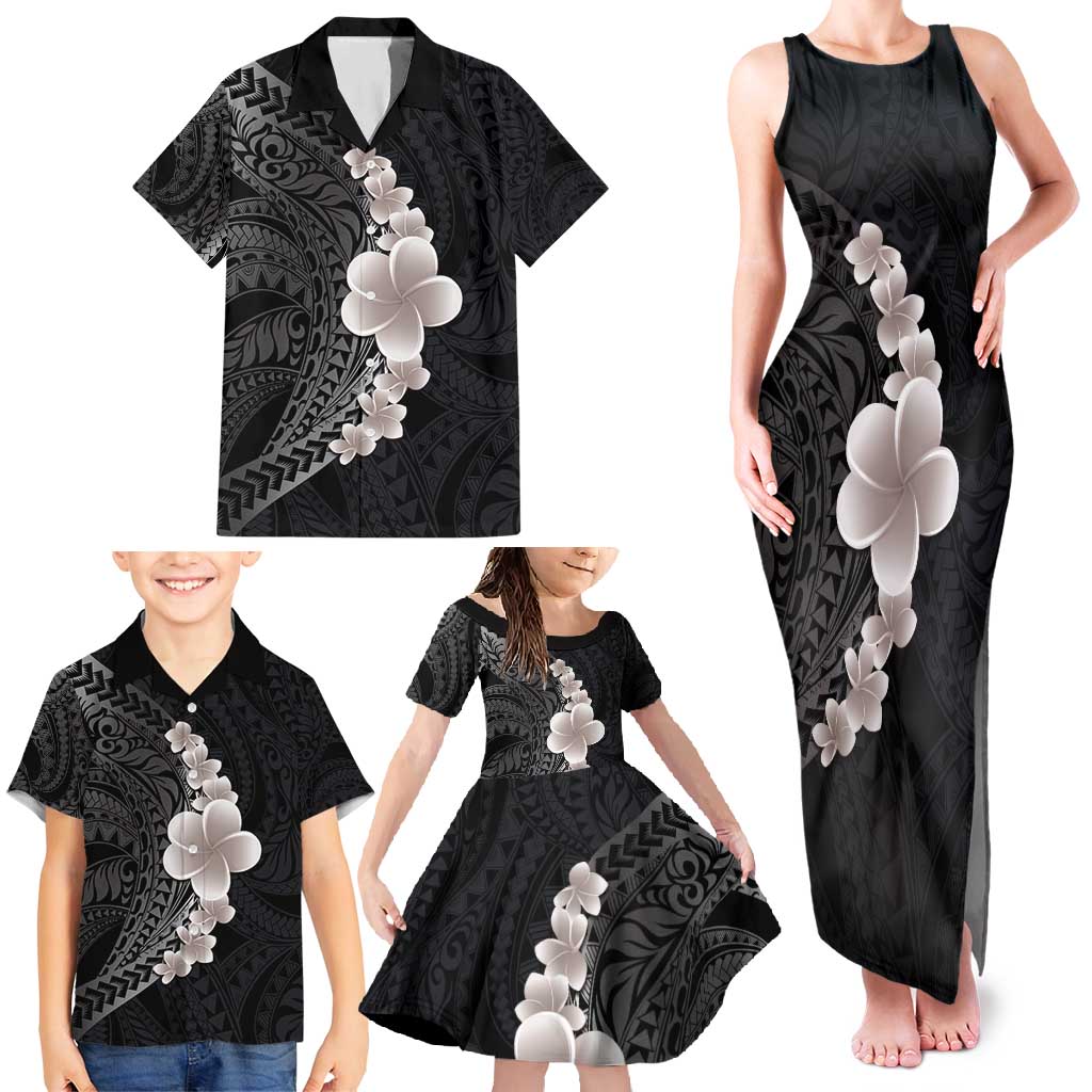 Hawaiian Tropical Plumeria Art Polynesian Tattoo Family Matching Tank Maxi Dress and Hawaiian Shirt Grayscale Color