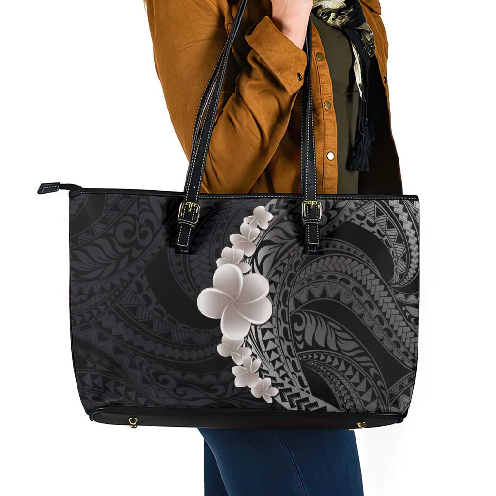 Hawaiian Tropical Plumeria Art Polynesian Tattoo Leather Tote Bag Grayscale Color LT03 - Polynesian Pride