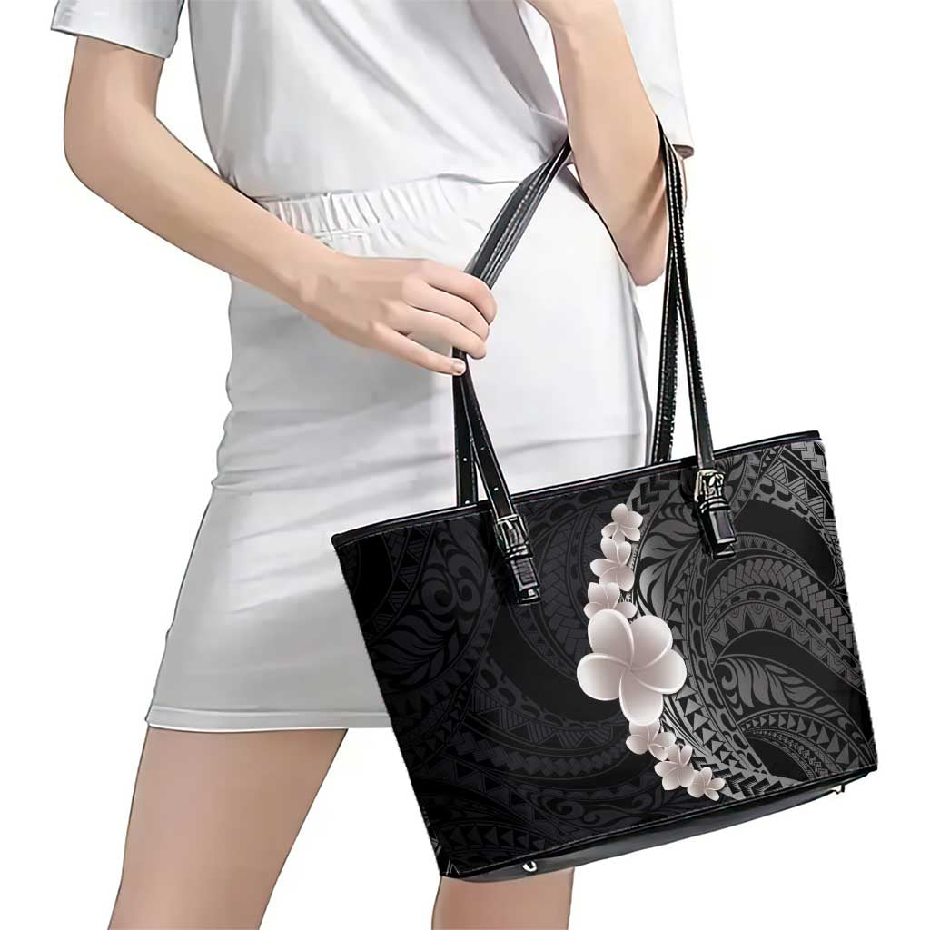 Hawaiian Tropical Plumeria Art Polynesian Tattoo Leather Tote Bag Grayscale Color LT03 - Polynesian Pride