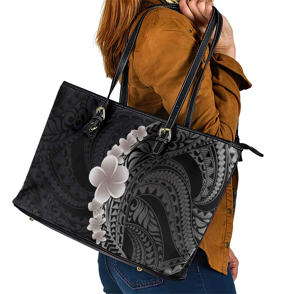 Hawaiian Tropical Plumeria Art Polynesian Tattoo Leather Tote Bag Grayscale Color LT03 - Polynesian Pride