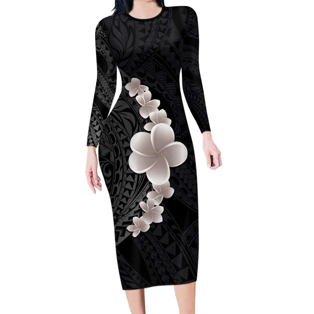 Hawaiian Tropical Plumeria Art Polynesian Tattoo Long Sleeve Bodycon Dress Grayscale Color