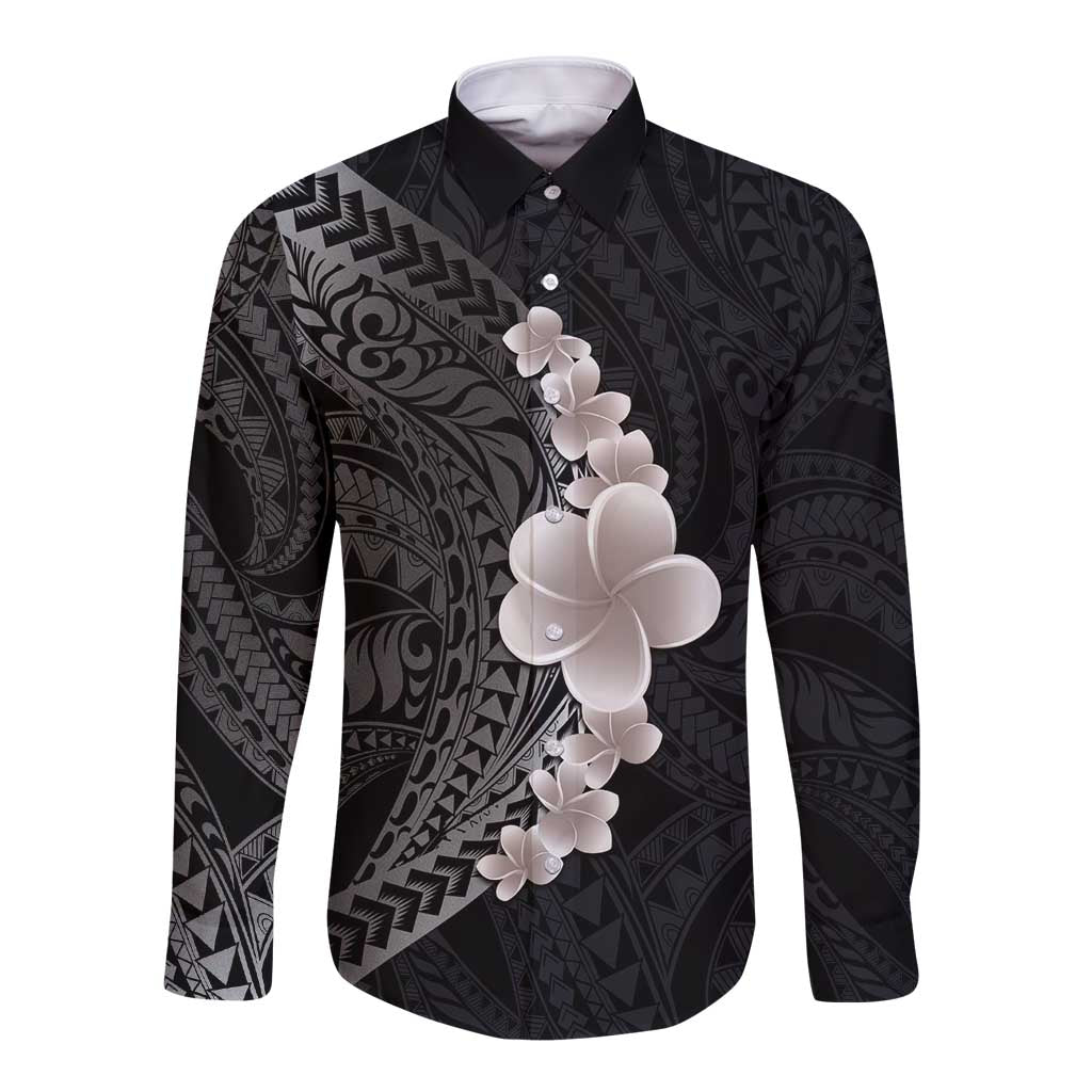 Hawaiian Tropical Plumeria Art Polynesian Tattoo Long Sleeve Button Shirt Grayscale Color