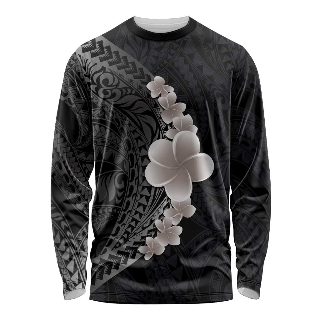 Hawaiian Tropical Plumeria Art Polynesian Tattoo Long Sleeve Shirt Grayscale Color