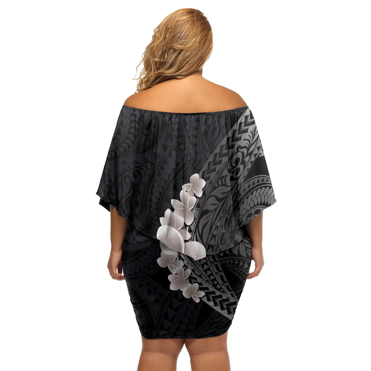 Hawaiian Tropical Plumeria Art Polynesian Tattoo Off Shoulder Short Dress Grayscale Color LT03 - Polynesian Pride