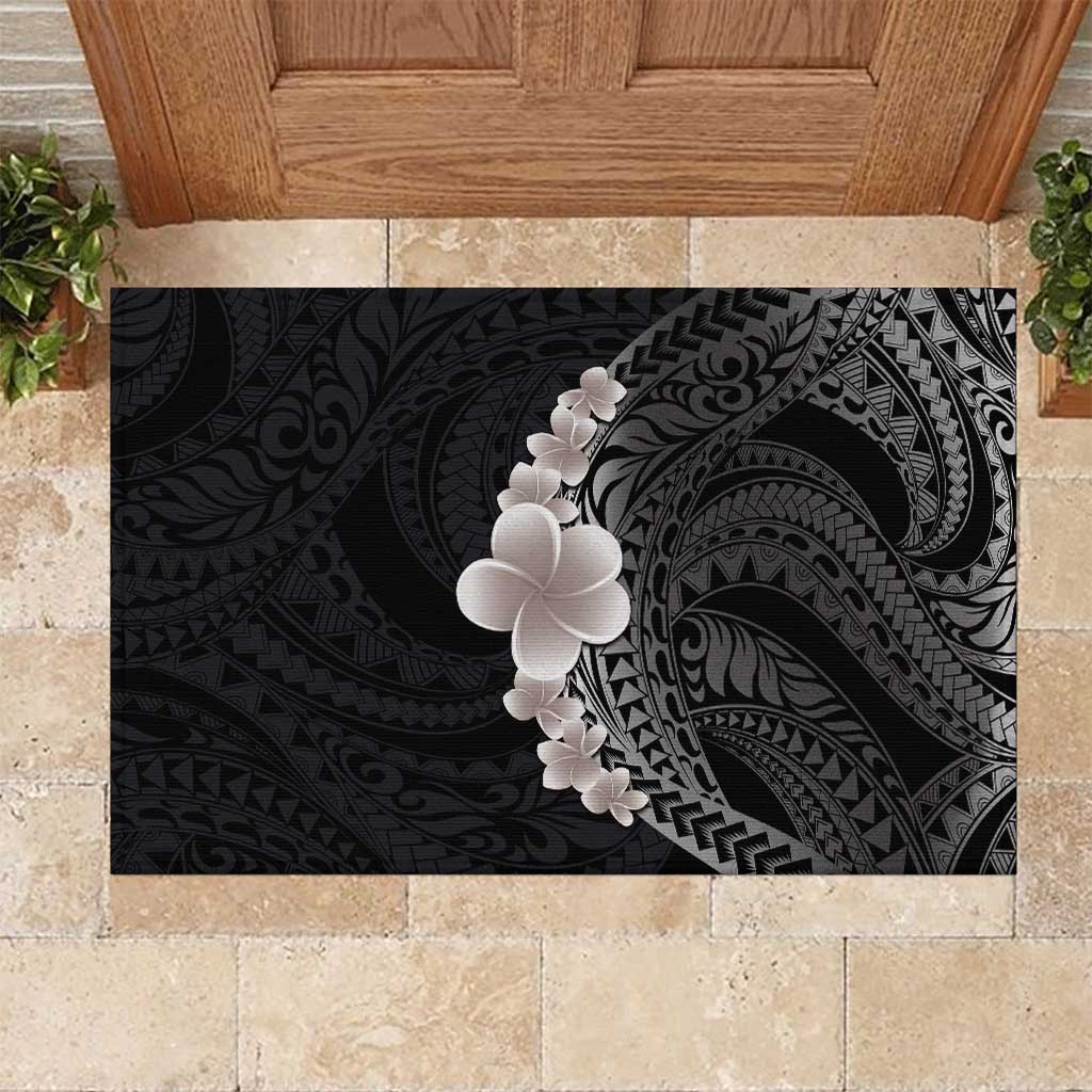 Hawaiian Tropical Plumeria Art Polynesian Tattoo Rubber Doormat Grayscale Color