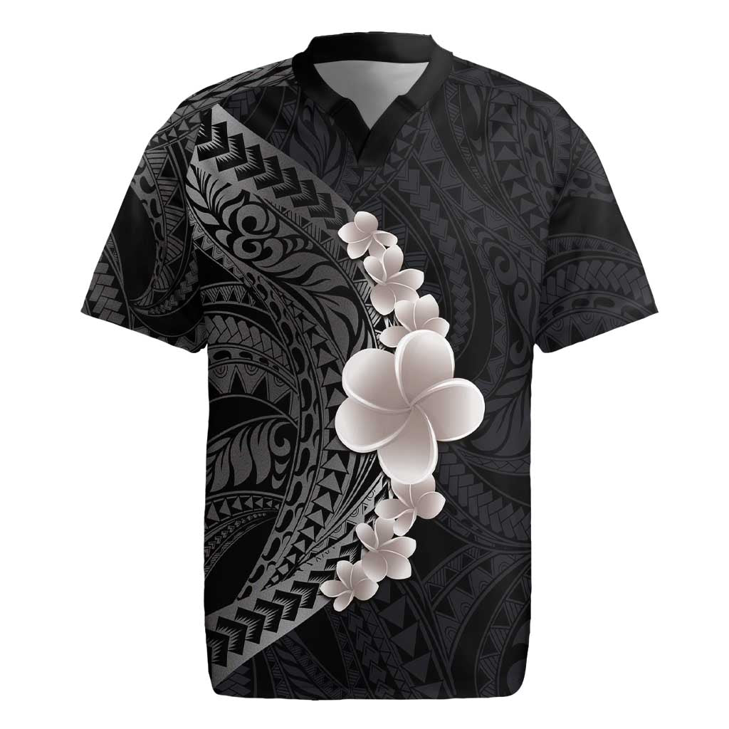 Hawaiian Tropical Plumeria Art Polynesian Tattoo Rugby Jersey Grayscale Color LT03 Black - Polynesian Pride