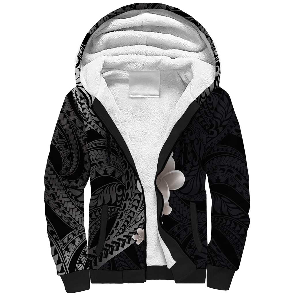Hawaiian Tropical Plumeria Art Polynesian Tattoo Sherpa Hoodie Grayscale Color LT03 Unisex Black - Polynesian Pride
