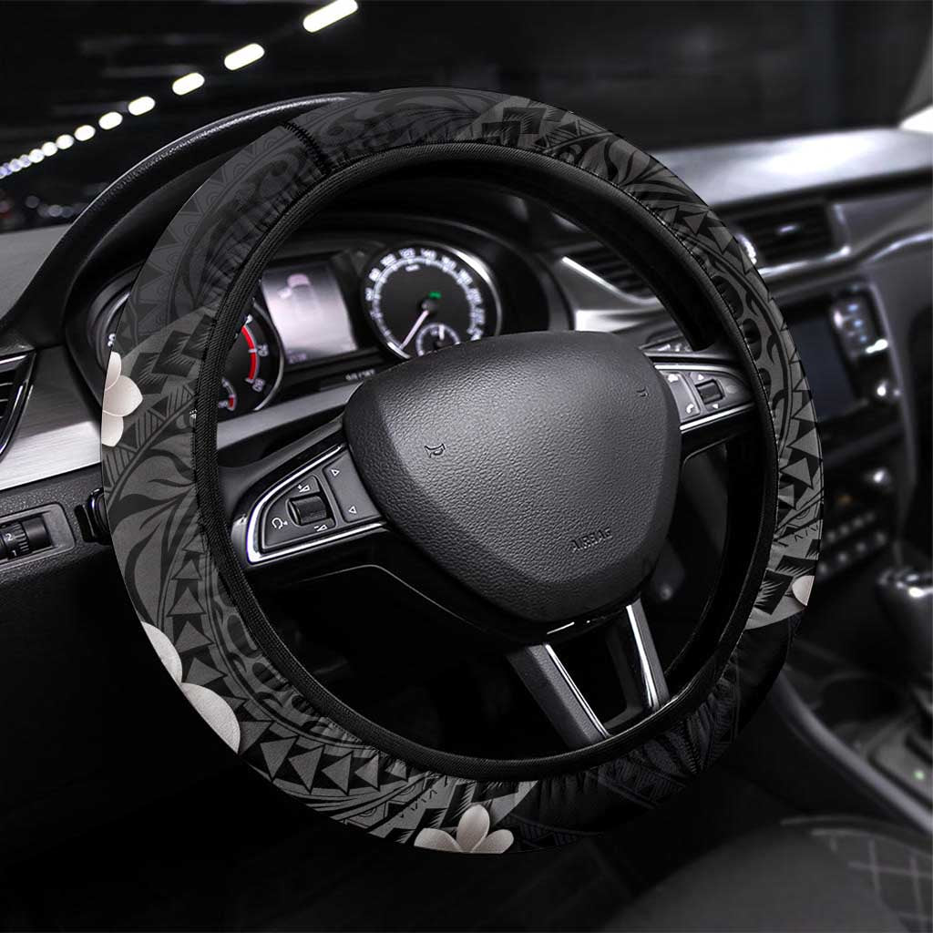 Hawaiian Tropical Plumeria Art Polynesian Tattoo Steering Wheel Cover Grayscale Color LT03 Universal Fit Black - Polynesian Pride