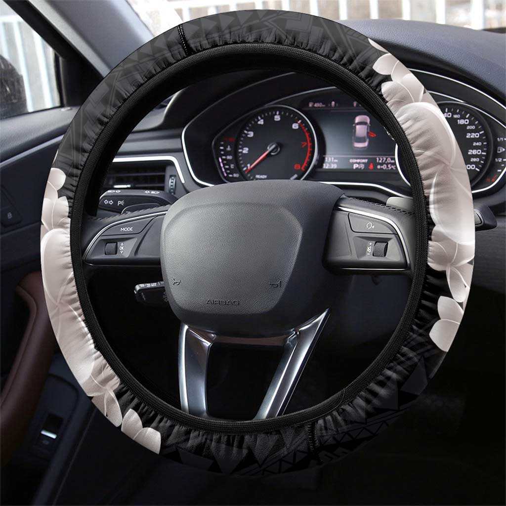 Hawaiian Tropical Plumeria Art Polynesian Tattoo Steering Wheel Cover Grayscale Color LT03 - Polynesian Pride