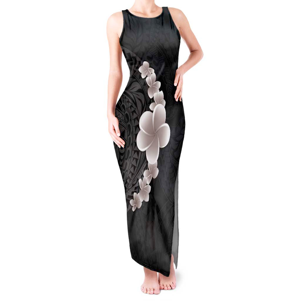 Hawaiian Tropical Plumeria Art Polynesian Tattoo Tank Maxi Dress Grayscale Color LT03 Women Black - Polynesian Pride