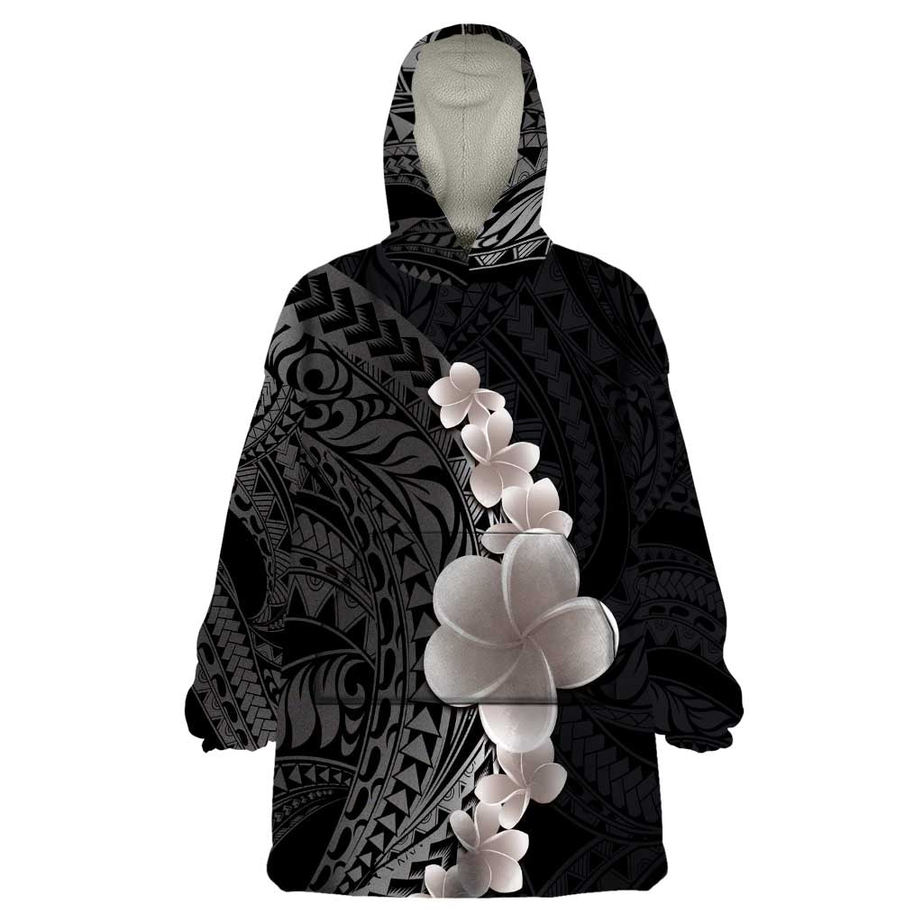 Hawaiian Tropical Plumeria Art Polynesian Tattoo Wearable Blanket Hoodie Grayscale Color