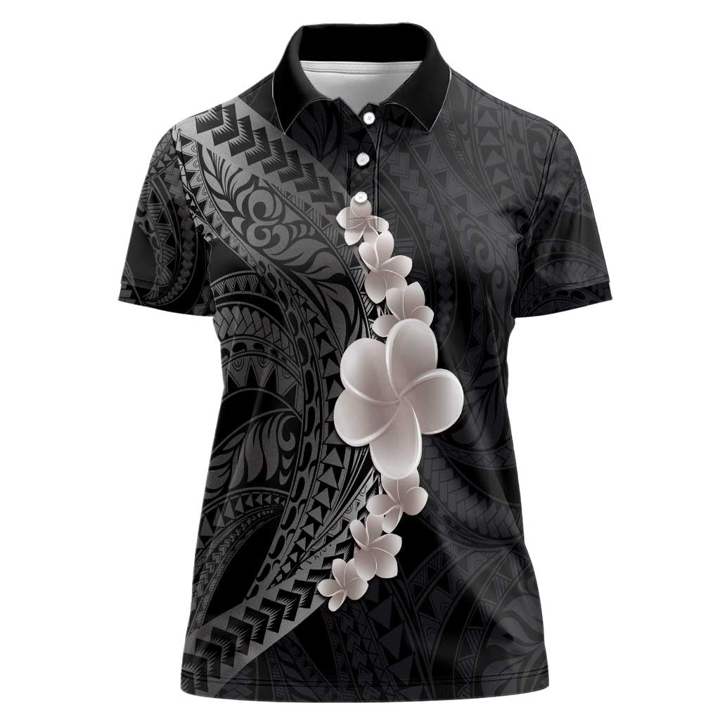 Hawaiian Tropical Plumeria Art Polynesian Tattoo Women Polo Shirt Grayscale Color