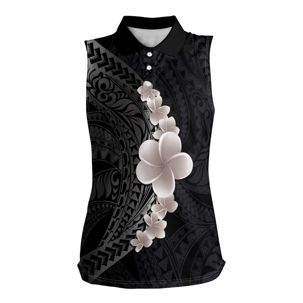 Hawaiian Tropical Plumeria Art Polynesian Tattoo Women Sleeveless Polo Shirt Grayscale Color