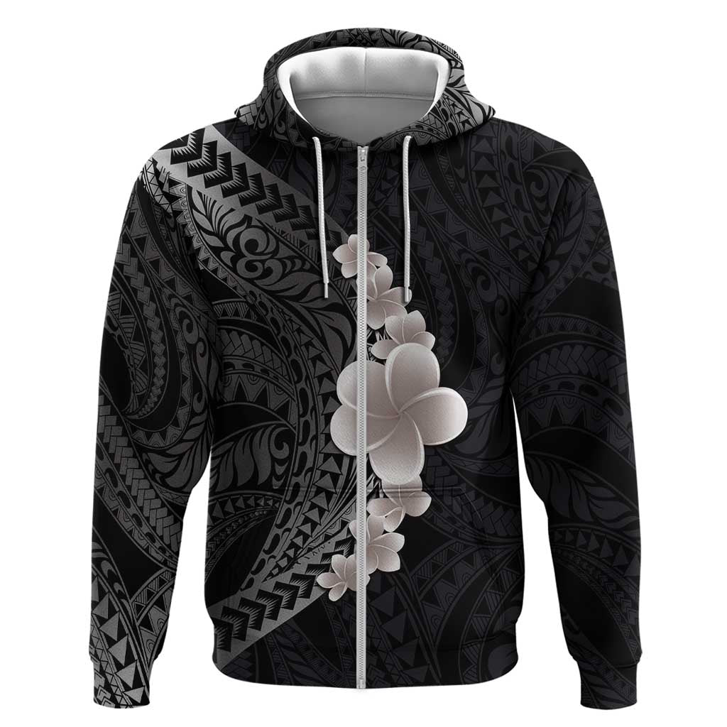 Hawaiian Tropical Plumeria Art Polynesian Tattoo Zip Hoodie Grayscale Color