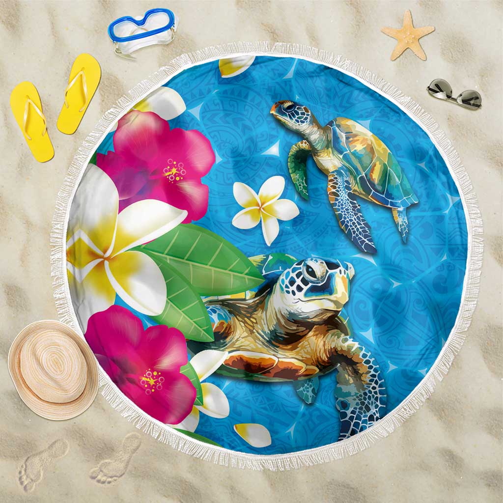 Hawaiian Tropical Flower and Honu Under Blue Water Beach Blanket