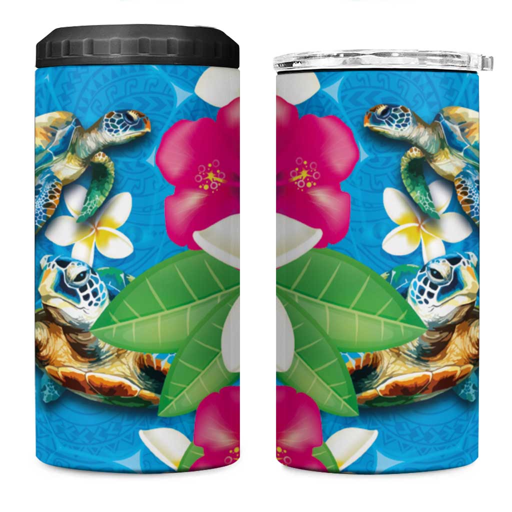 Hawaiian Tropical Flower and Honu Under Blue Water 4 in 1 Can Cooler Tumbler