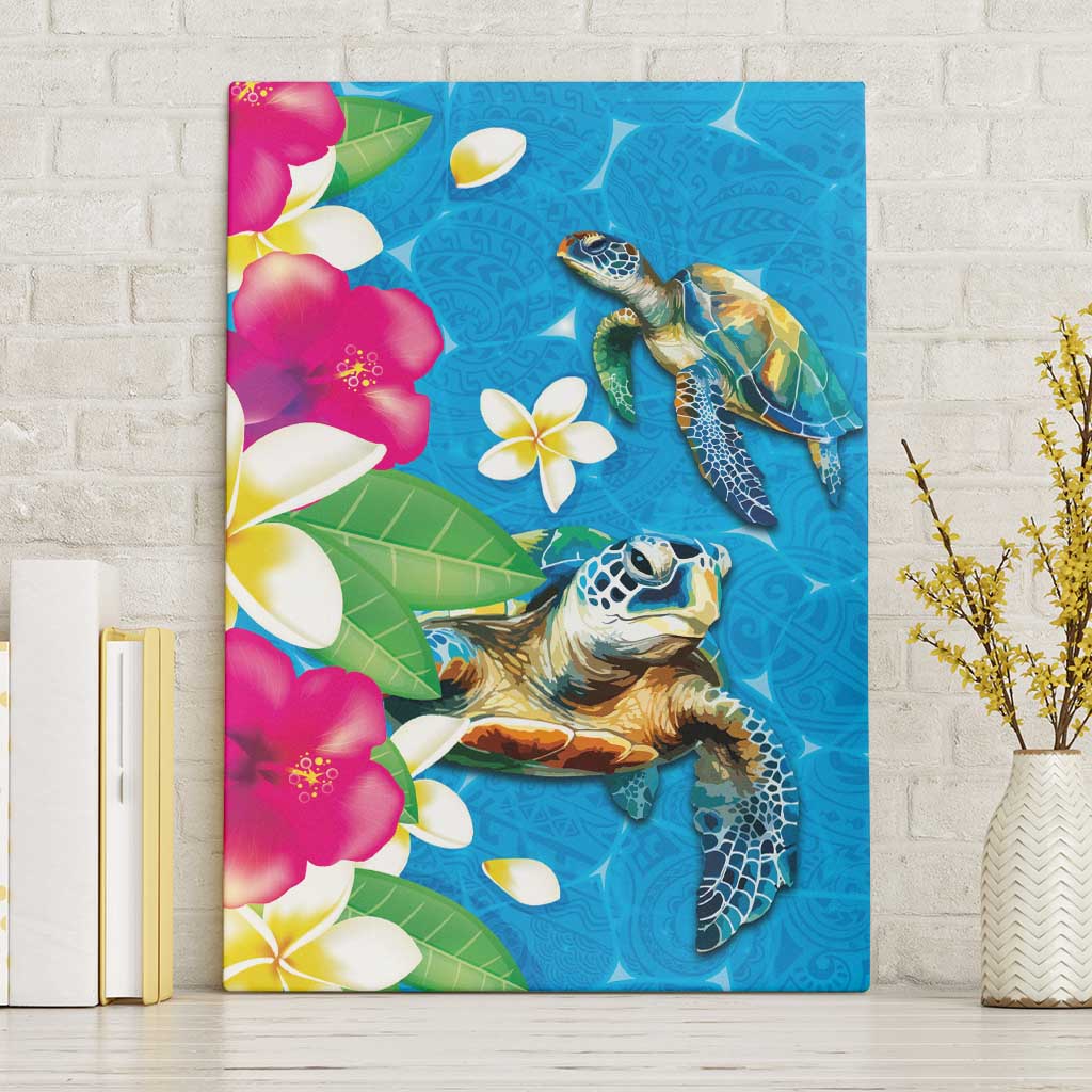 Hawaiian Tropical Flower and Honu Under Blue Water Canvas Wall Art LT03 Without Frame Blue - Polynesian Pride