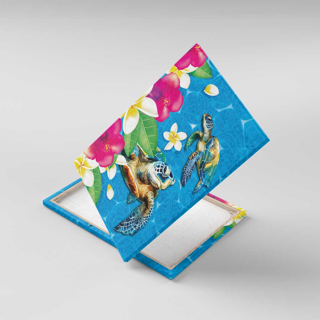 Hawaiian Tropical Flower and Honu Under Blue Water Canvas Wall Art LT03 With Frame Blue - Polynesian Pride