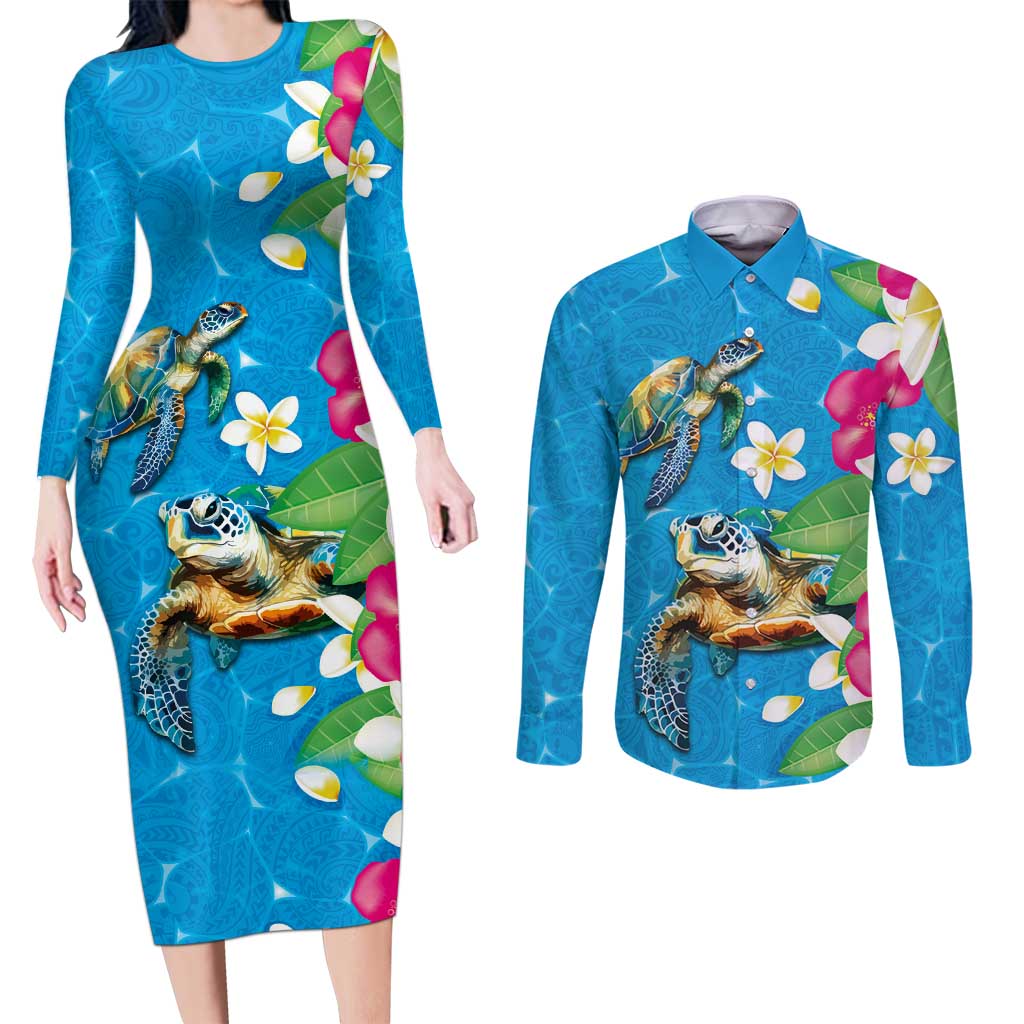 Hawaiian Tropical Flower and Honu Under Blue Water Couples Matching Long Sleeve Bodycon Dress and Long Sleeve Button Shirt