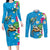 Hawaiian Tropical Flower and Honu Under Blue Water Couples Matching Long Sleeve Bodycon Dress and Long Sleeve Button Shirt