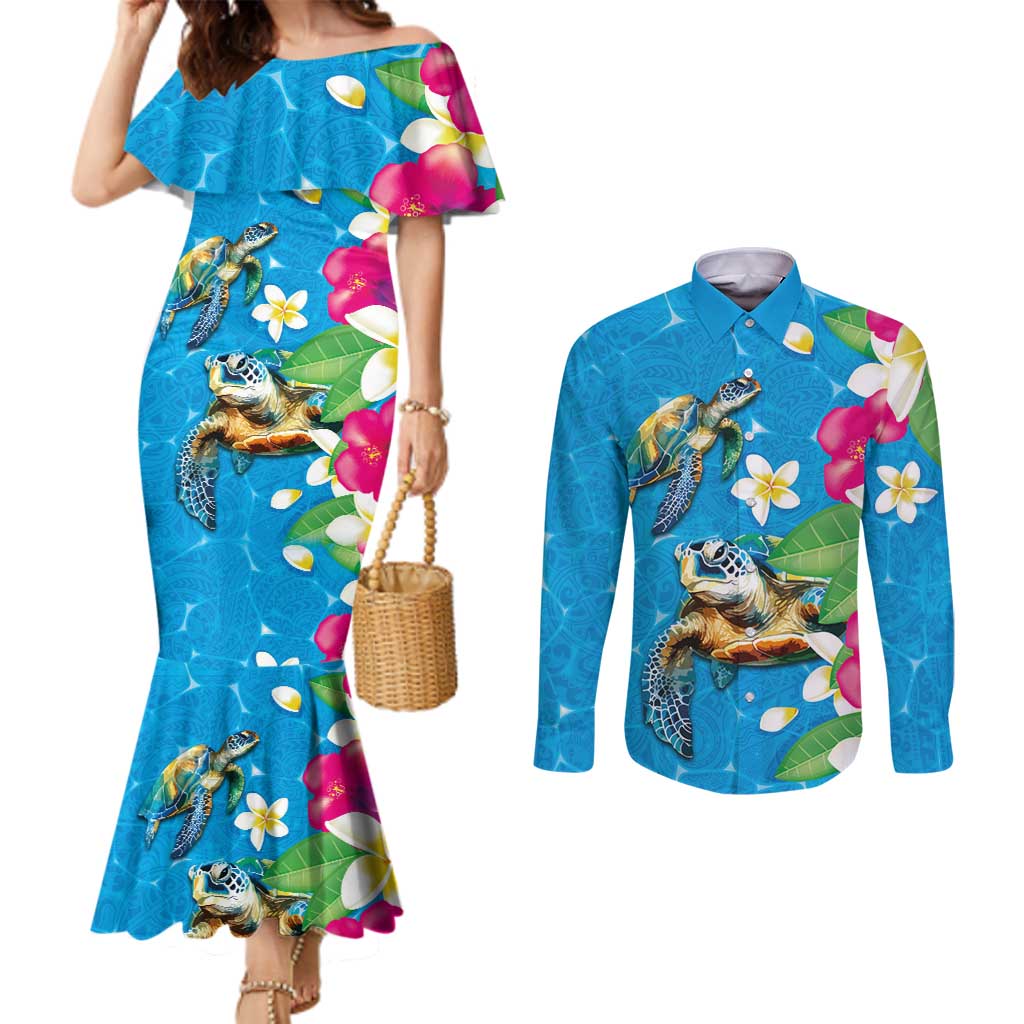 Hawaiian Tropical Flower and Honu Under Blue Water Couples Matching Mermaid Dress and Long Sleeve Button Shirt