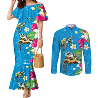Hawaiian Tropical Flower and Honu Under Blue Water Couples Matching Mermaid Dress and Long Sleeve Button Shirt LT03 Blue - Polynesian Pride