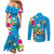 Hawaiian Tropical Flower and Honu Under Blue Water Couples Matching Mermaid Dress and Long Sleeve Button Shirt