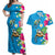 Hawaiian Tropical Flower and Honu Under Blue Water Couples Matching Off Shoulder Maxi Dress and Hawaiian Shirt