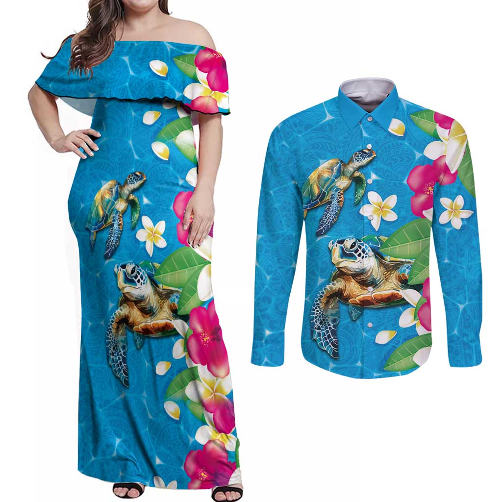 Hawaiian Tropical Flower and Honu Under Blue Water Couples Matching Off Shoulder Maxi Dress and Long Sleeve Button Shirt