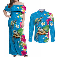Hawaiian Tropical Flower and Honu Under Blue Water Couples Matching Off Shoulder Maxi Dress and Long Sleeve Button Shirt LT03 Blue - Polynesian Pride