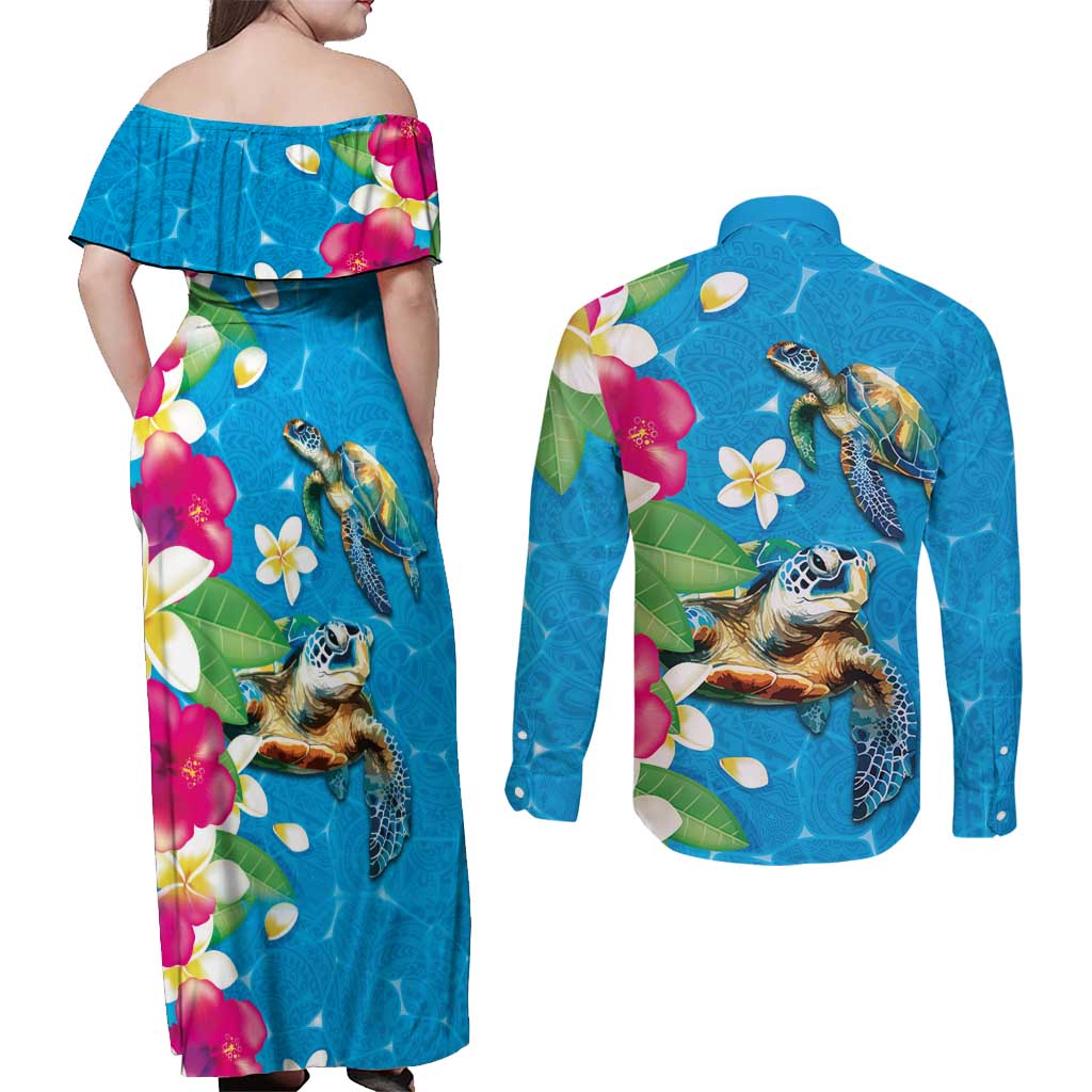 Hawaiian Tropical Flower and Honu Under Blue Water Couples Matching Off Shoulder Maxi Dress and Long Sleeve Button Shirt LT03 - Polynesian Pride