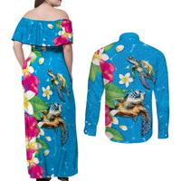 Hawaiian Tropical Flower and Honu Under Blue Water Couples Matching Off Shoulder Maxi Dress and Long Sleeve Button Shirt LT03 - Polynesian Pride
