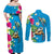 Hawaiian Tropical Flower and Honu Under Blue Water Couples Matching Off Shoulder Maxi Dress and Long Sleeve Button Shirt